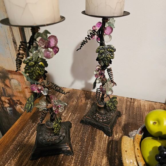 Set of 2 Iron/Metal Grapevine Pillar Candle Holders with Acrylic Lucite Grapes - Picture 9 of 10